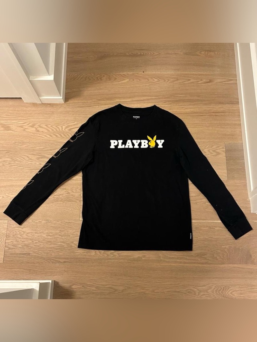 PLAYBOY Black Long-Sleeve Tee with White Logo and Yellow Bunny